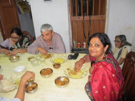My wife Mukti and me, along with cousins, having a fabulous lunch in the village of Rajpur, West Bengal.