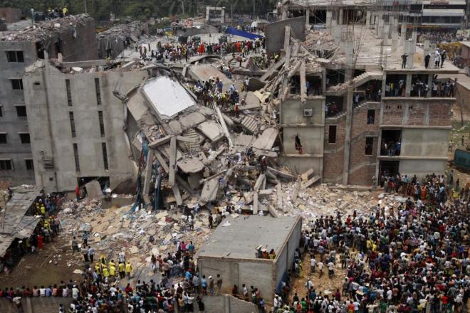 Savar, Dhaka, Bangladesh. Rana Plaza collapsed, killing 1,200 poor workers. Wal-Mart, Gap, J. C. Penny,  H&M, Children's Place, Disney, Mango...all were there.